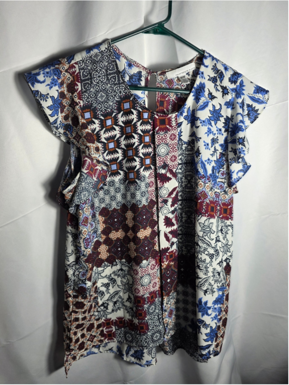 Women's Fourteenth Place Blouse Size M White Blue Patterned Top boho casual fall
